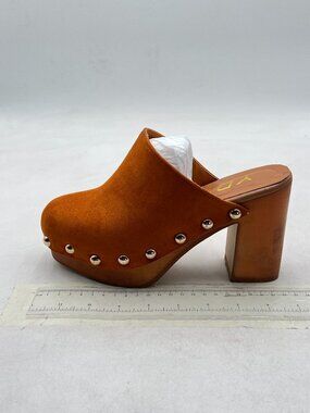 YDN Tan Brown Platform Slip On Clogs Mules Cork High Heel Round Toe Rivet Sandal